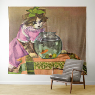 Tapete De Parede gato e tigela de peixe vestidos