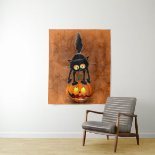 Tapete De Parede Gato Halloween Caricatura Assustada na Pumpkin