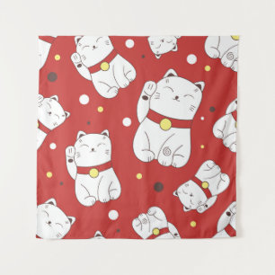 Tapete De Parede Gato Maneki-Neko, padrão de rabiscos japoneses.
