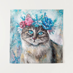 Tapete De Parede Gato na pintura de óleo de coroa floral na canvas.
