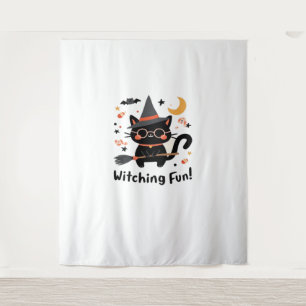 Tapete De Parede Gato Negra Bravo com Vassoura - Halloween Bonito