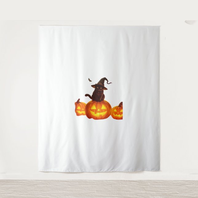 Tapete De Parede Gato Negro Bonito com Chapéu de Bruxa, Morcegos e  (Frente)