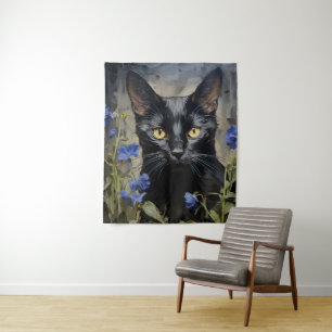 Tapete De Parede Gato Negro e Flores