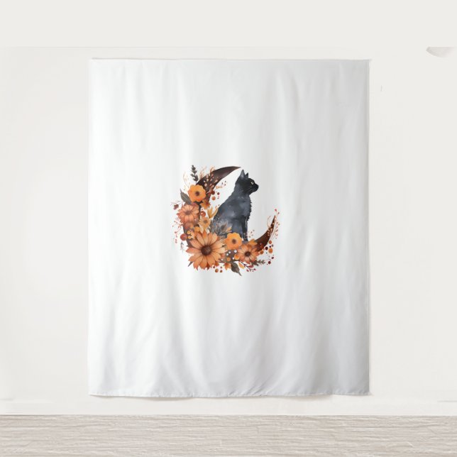 Tapete De Parede Gato Negro Na Lua Floral Pumpkin Black Cat Hallowe (Frente)