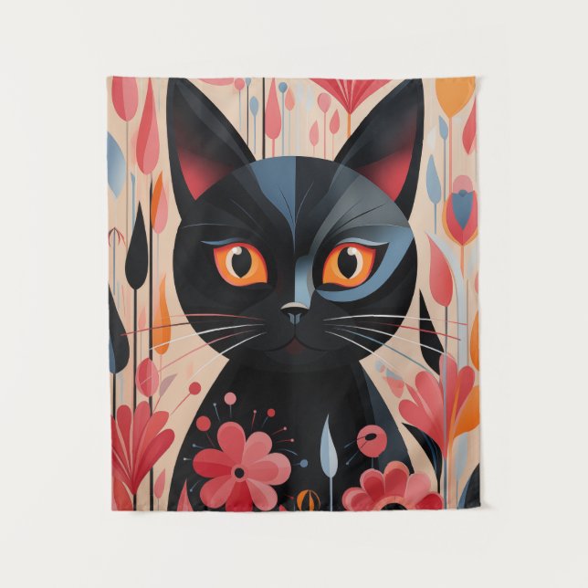 Tapete De Parede Gato Preto Adorável Com Flores Rosa (Frente)