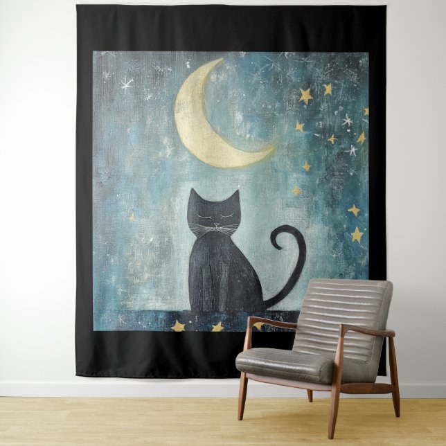 Tapete De Parede Gato Preto Adormecido com Lua Crescente e Estrelas (In Situ)
