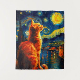 Tapete De Parede Gato Ruivo Contemplativo   Céu Noturno Estrelado