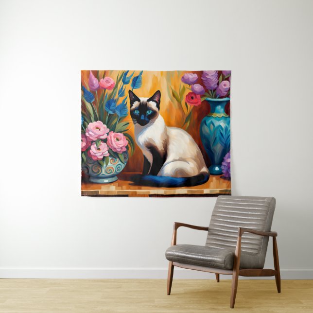 Tapete De Parede Gato siamês e Buquês em Vases (In Situ (Horizontal))