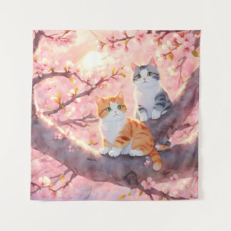 Tapete De Parede Gatos Bonitos Numa Árvore De Flor De Cereja