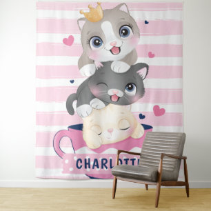 Tapete De Parede Gatos de Cartoon Cachorros Rosa Rasgados