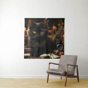 Tapete De Parede Gatos e Flores de Preto-Cinto