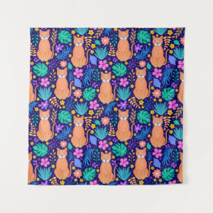 Tapete De Parede Gatos e flores tropicais: padrão escuro