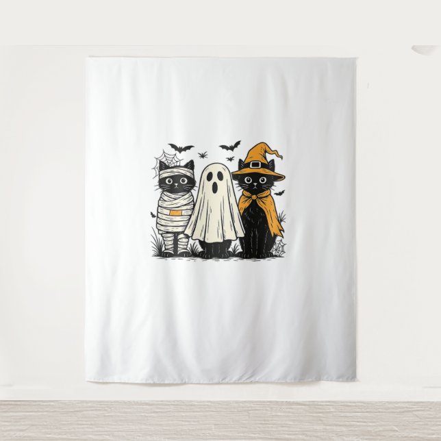 Tapete De Parede Gatos Negros em Figurinos de Halloween - Fantasma, (Frente)