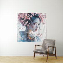  Geisha portrait, cherry blossoms, Japanese art,