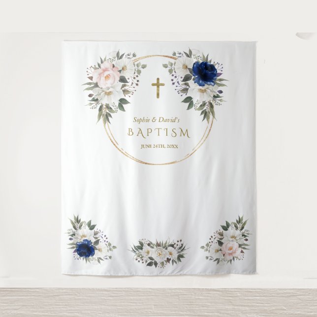 Tapete De Parede Gêmeos Rosa Azul Floral Batismo Dourado Prop Foto  (Frente)