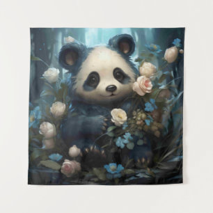 Tapete De Parede Gentil Urso Panda Entre Rosas Selvagens