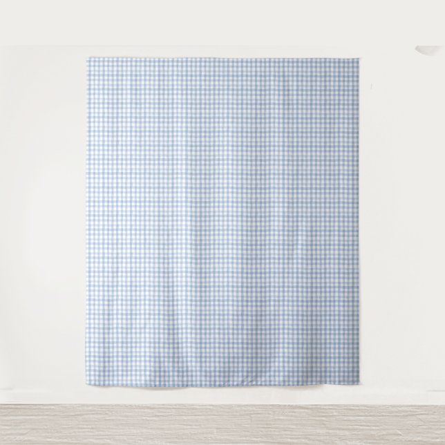 Tapete De Parede Gingham Branco e Azul de Aquarela (Frente)