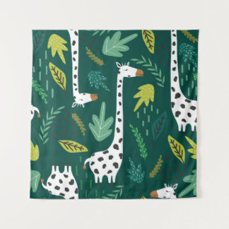 Tapete De Parede Girafas, folhas, fundo desenhado à mão. Cores vibr