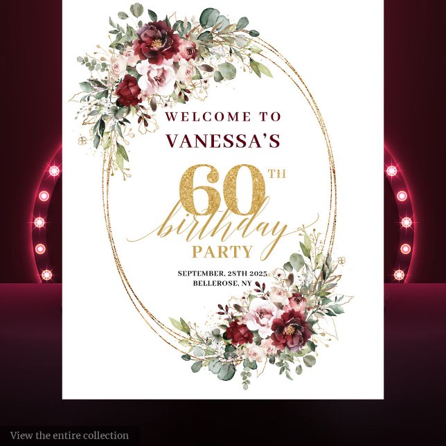 Tapete De Parede Glam Boho Burgundy Gold Floral 60th Birthday Prop (Glam Boho Burgundy Gold Floral 60th Birthday Backdrop)