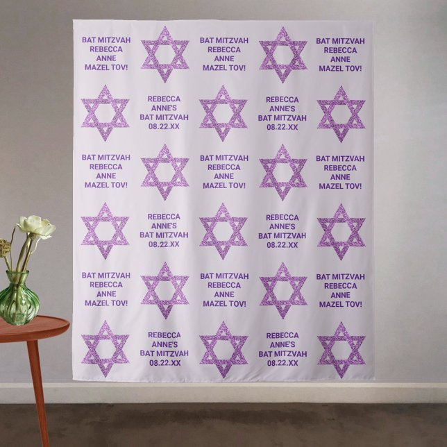 Tapete De Parede Glam Purple Star De David Photo Booth Bat Mitzvah (Custom purple glam Bat Mitzvah backdrop for step and repeat, photo booth or pure decoration)