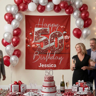 Tapete De Parede Glam Ruby Vermelho e Brilho Prateado 50º Aniversár