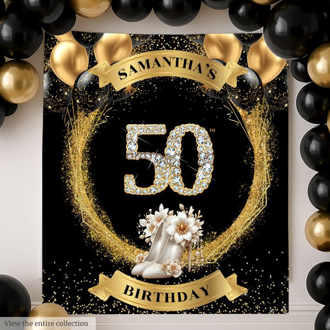 Tapete De Parede Glamoroso 50º Aniversário Banner Diamond High Heel (Glamorous 50th Birthday Banner Diamond High Heels)