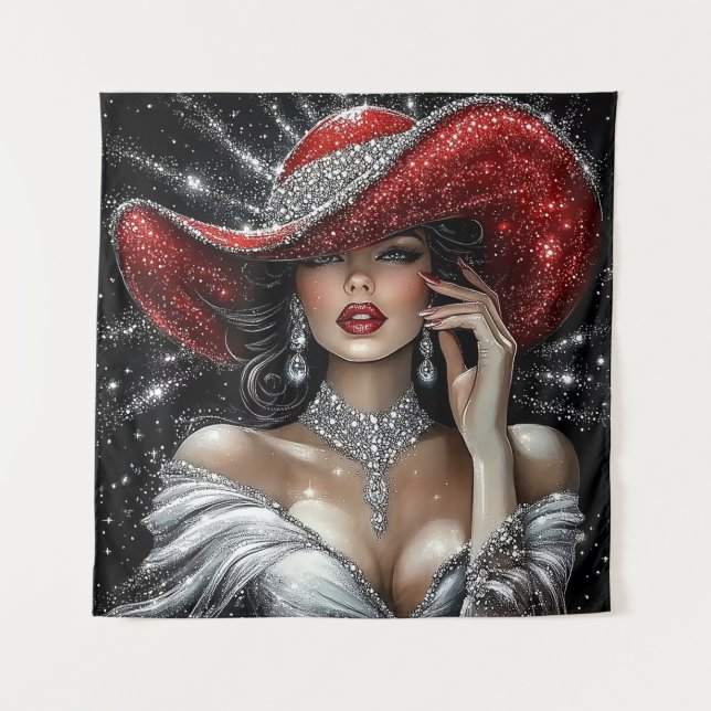 Tapete De Parede Glamorous Sparkle Lady in Red Hat (Frente)