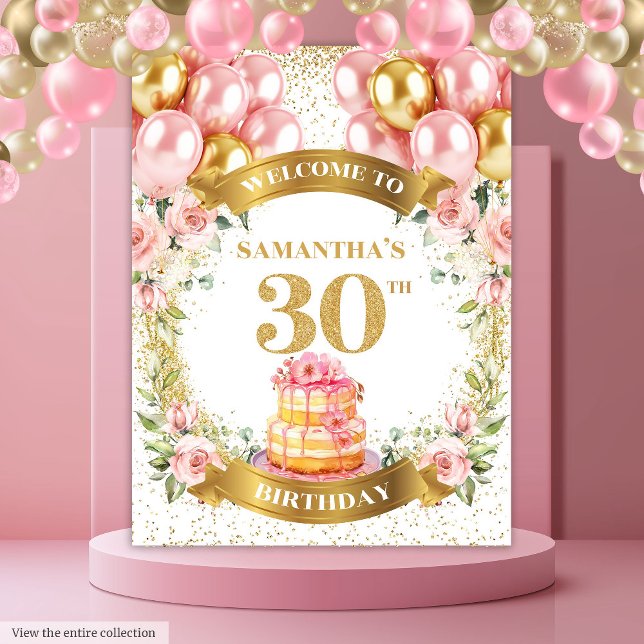Tapete De Parede Glamuroso Aniversário de 30 anos Tom Rosa Dourado  (Glamorous 30th Birthday Blush Gold Birthday Tapestry)