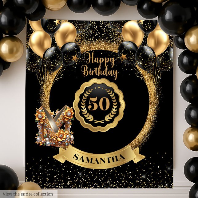 Tapete De Parede Glitter Dourado preto Glam 50º Aniversário (Black Gold Glitter Glam 50th Birthday Backdrop)