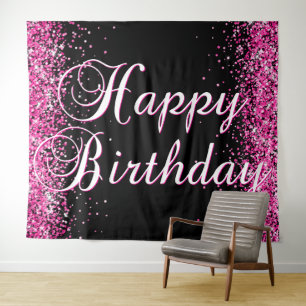 Tapete De Parede Glitter Rosa Quente Preto Feliz Aniversário Caligr