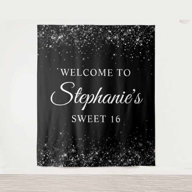 Tapete De Parede Glittery Black Welcome to Sweet 16 Birthday (Frente)