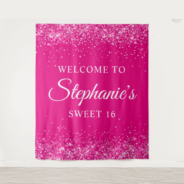 Tapete De Parede Glittery Hot Pink Sweet 16 Aniversário Welcome (Frente)