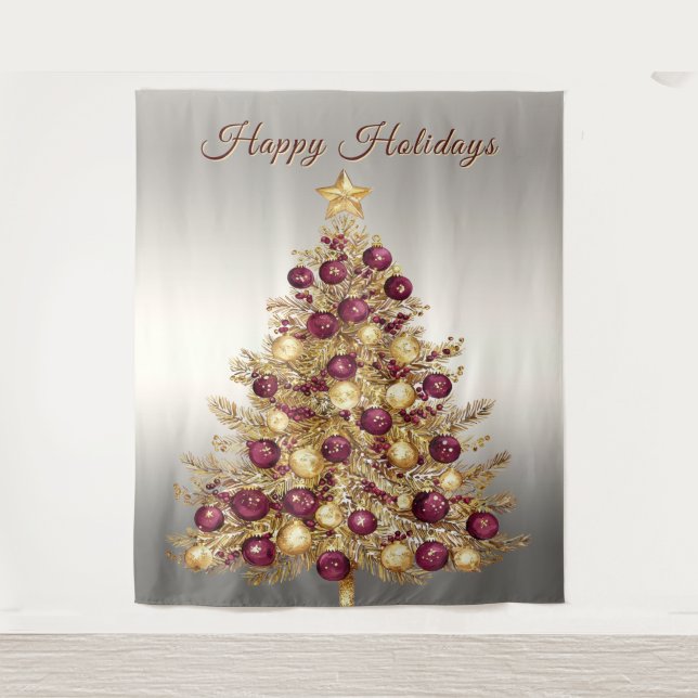 Tapete De Parede Gold Burgundy Christmas Tree Holiday Backdrop (Frente)