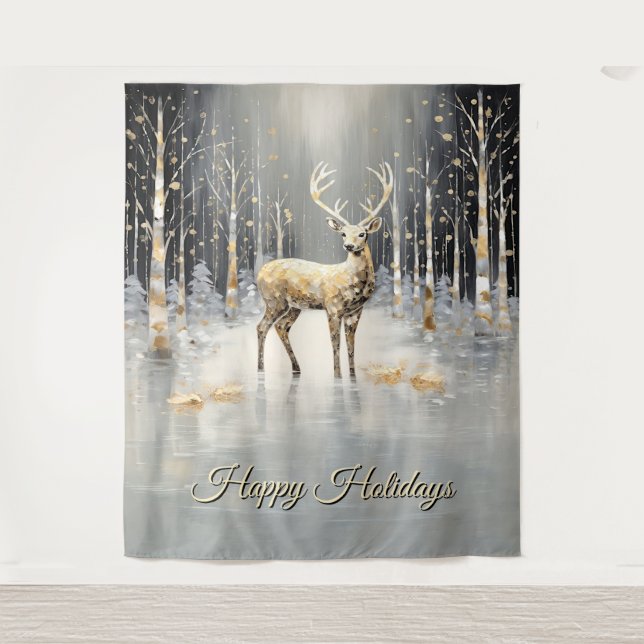 Tapete De Parede Gold Christmas Reindeer Holiday Backdrop (Frente)