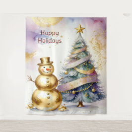 Tapete De Parede Gold Snowman Christmas Tree Holiday Backdrop