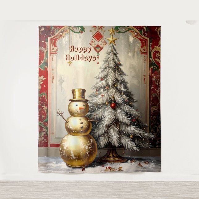Tapete De Parede Gold Snowman Christmas Tree Holiday Backdrop (Frente)