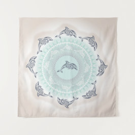 Tapete De Parede Golfinhos Mandala Azul Taupe Costeiro