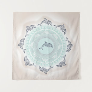 Tapete De Parede Golfinhos Mandala Azul Taupe Costeiro
