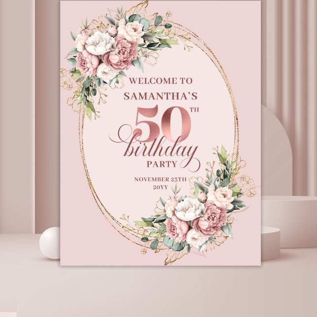 Tapete De Parede Graceful Blush Floral Greenery 50th Birthday Backd (Graceful Blush Floral Greenery 50th Birthday Backdrop)