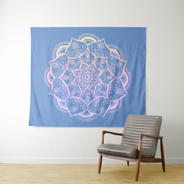 Tapete De Parede Gradação Azul Mandala Boho Pastel (In Situ (Horizontal))