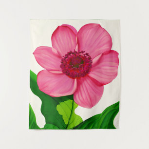 Tapete De Parede Grande Anêmona Rosa com Folhas Verde Esmeraldas