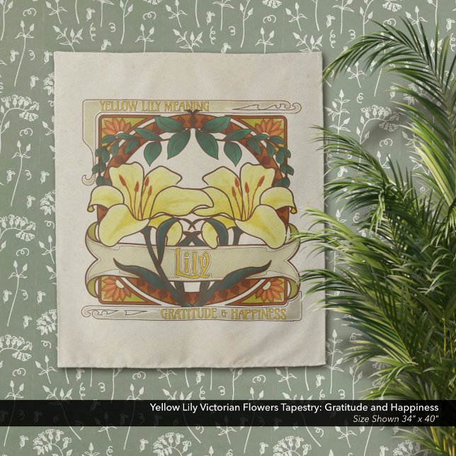 Tapete De Parede Gratidão da Flor Amarela Vitoriana Feliz (Yellow Lily Victorian Flowers Tapestry: Gratitude and Happiness–Antique White Background)