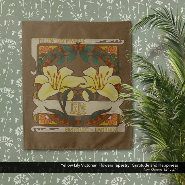 Tapete De Parede Gratidão da Flor Amarela Vitoriana Feliz (Yellow Lily Victorian Flowers Tapestry: Gratitude and Happiness–Dark Floral Aesthetic)