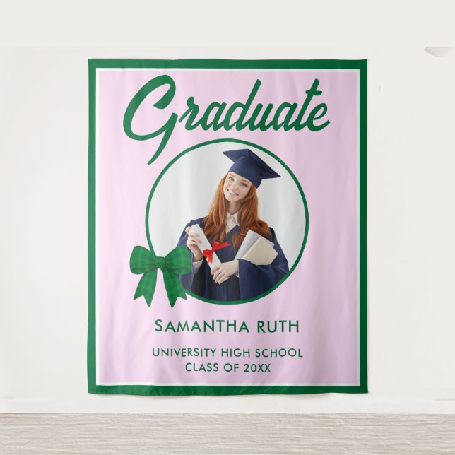 Tapete De Parede Green Gingham Bow Photo Graduation Backdrop (Frente)