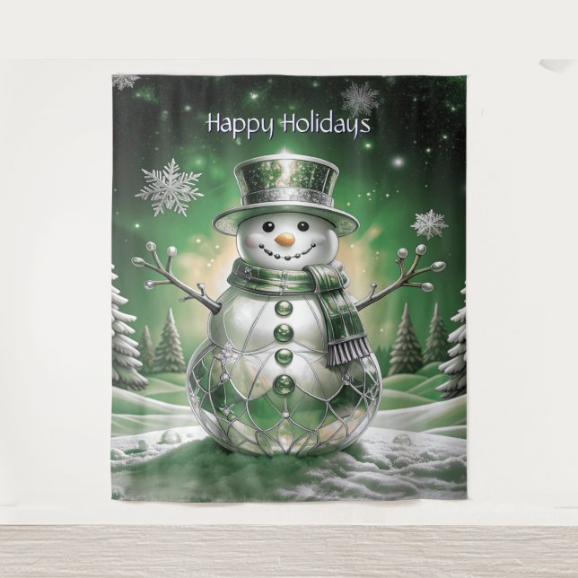 Tapete De Parede Green Snowman Snowflakes Holiday Backdrop (Frente)