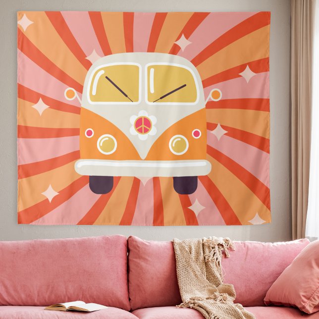 Tapete De Parede Groovy Hippie Van Rosa e Laranja Anos 60 Retro (Groovy Hippie Van Pink & Orange 60s Retro Tapestry party backdrop decoration college dorm room decor)
