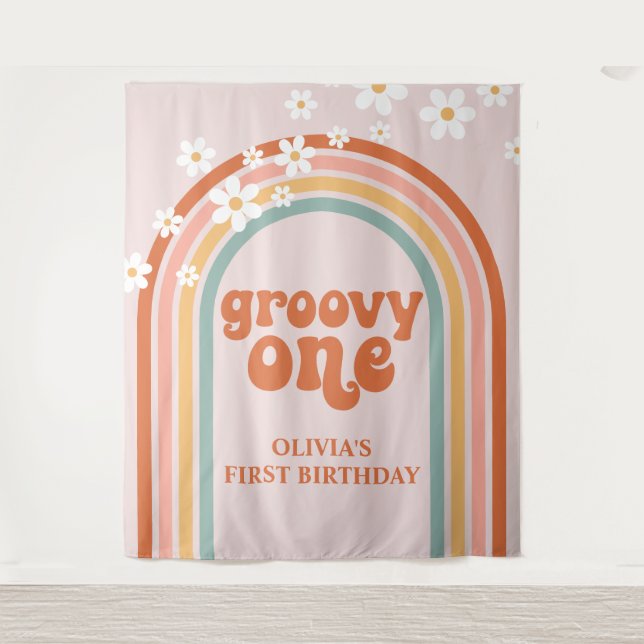 Tapete De Parede Groovy One Retro Arco-íris Daisy Banner de Anivers (Frente)