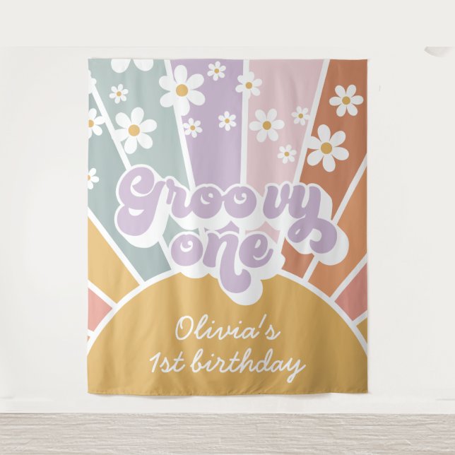 Tapete De Parede Groovy One Retro Sunshine Rainbow Daisy (Frente)