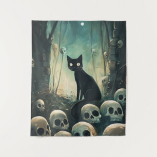 Tapete De Parede Halloween Cat and Skulls