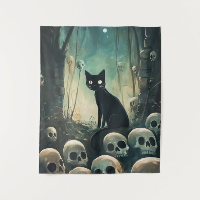 Tapete De Parede Halloween Cat and Skulls (Frente)